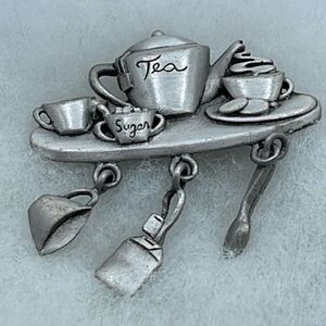 Vintage Pewter tea lovers brooch by J.J.